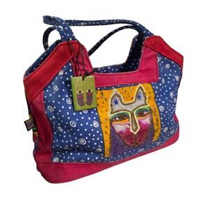 Vtg Laurel Burch CAT Shoulder Bag Colorful Canvas Tote Purse Blue Pink